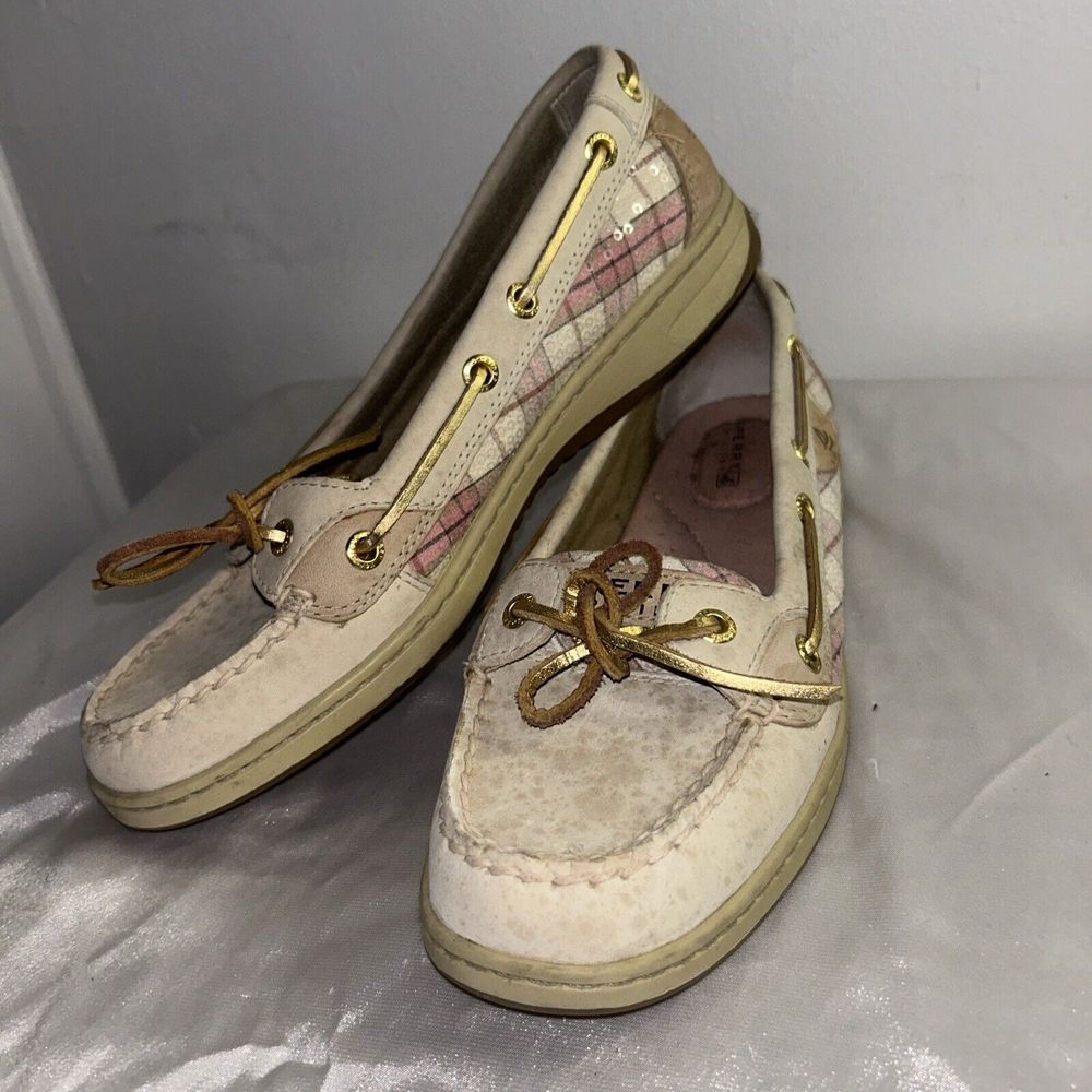 Sperry Top-Sider Cream Leather Boat Shoes with PinkPlaid Detail Nautical Loafers